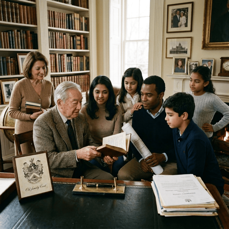 Four family members examining an old book and rolled documents in a study