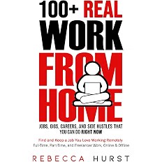 Cover of the book '100+ Real Work From Home' by Rebecca Hurst, featuring the title in bold black and red text with an illustration of a person sitting in a meditative pose.